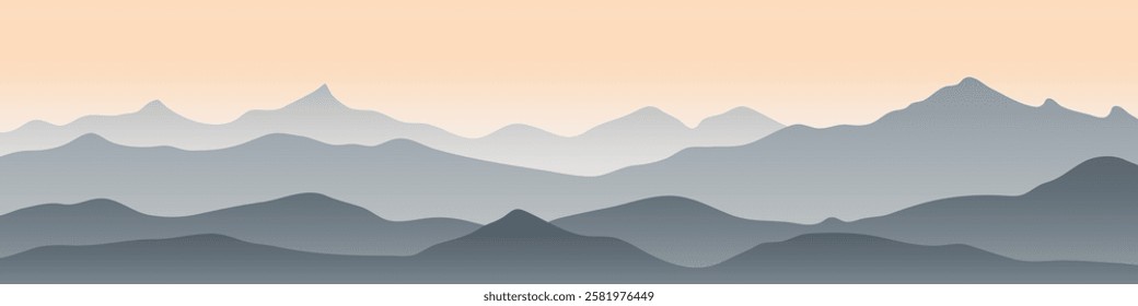 Sunrise in the mountains, minimalist landscape, panoramic view, vector illustration