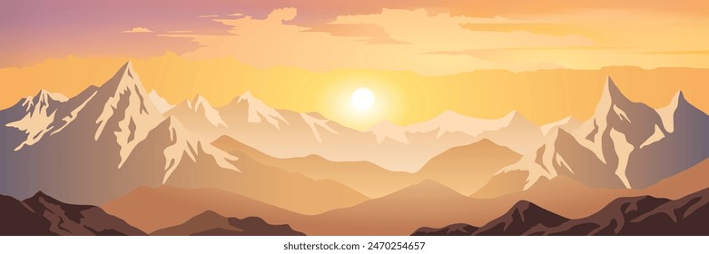 Sunrise in the mountains, misty of ridges, panoramic view, vector illustration