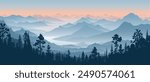 Sunrise in the mountains, misty silhouettes of ridges, panoramic view, vector illustration