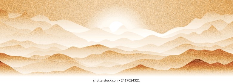 Amanecer en las montañas, siluetas nubladas de las cordilleras, patrón de ruido, puntillismo, vista panorámica, ilustración vectorial