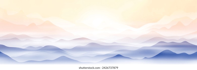 Sunrise in the mountains, misty silhouettes of ridges, panoramic view, vector illustration