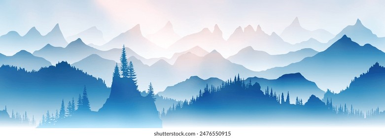 Sunrise in the mountains, misty silhouettes of ridges, panoramic view, vector illustration
