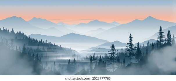 Sonnenaufgang in den Bergen, neblige Silhouetten von Graten, Wald im Nebel, Vektorgrafik