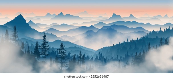 Sunrise in the mountains, misty silhouettes of ridges, forest in the fog, vector illustration