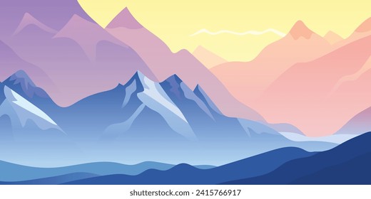 Amanecer en las montañas, neblina y niebla matutina, ilustración vectorial