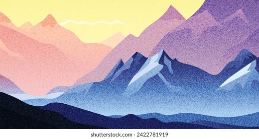 Amanecer en las montañas, neblina y niebla matutina, patrón de ruido, puntillismo, ilustración vectorial