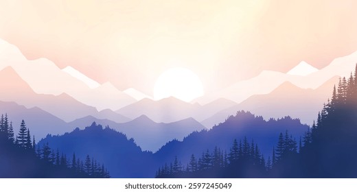 Sunrise in the mountains, morning haze and fog, sun over the peaks, vector illustration