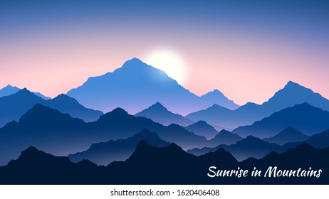 Sunrise in mountains. Morning mountains landscape. Hiking - morning view. Vector background