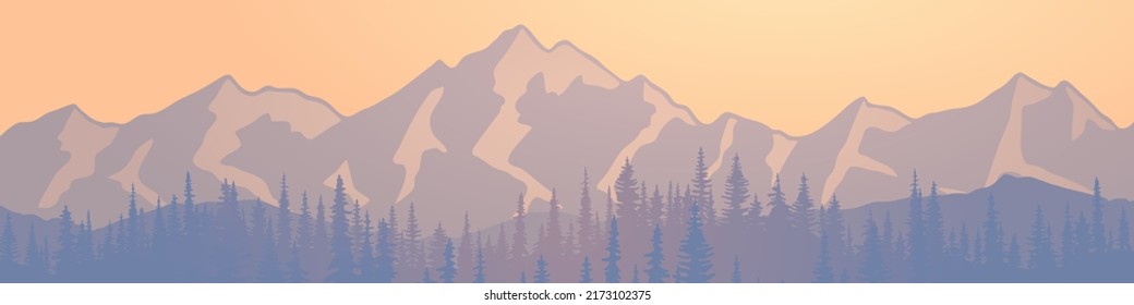 Sunrise in the mountains, mountain ranges in the morning haze, panoramic view, vector illustration