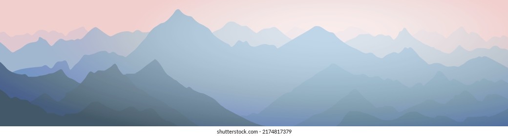 Sunrise in the mountains, mountain ranges in the morning haze, panoramic view, vector illustration