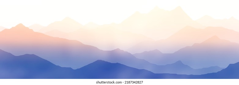 Sunrise in the mountains, mountain ranges in the morning fog, panoramic view, vector illustration