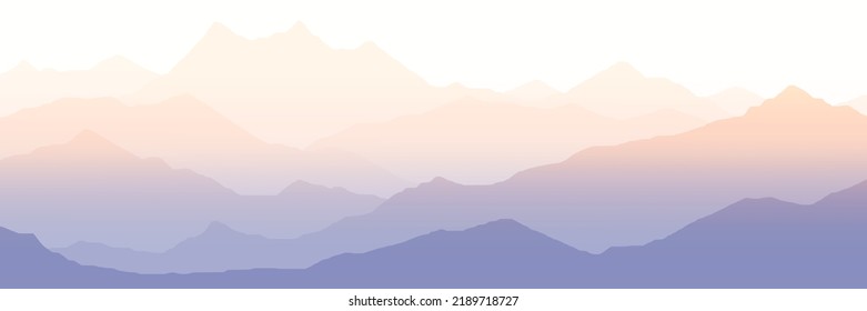 Sunrise in the mountains, mountain ranges in the morning fog, panoramic view, vector illustration