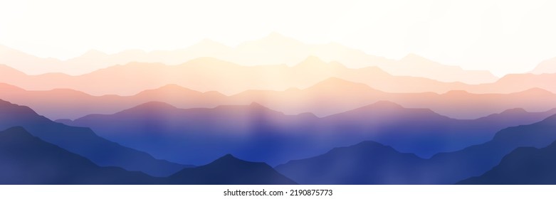 Amanecer en las montañas, cordilleras en la niebla matutina, vista panorámica, ilustración vectorial