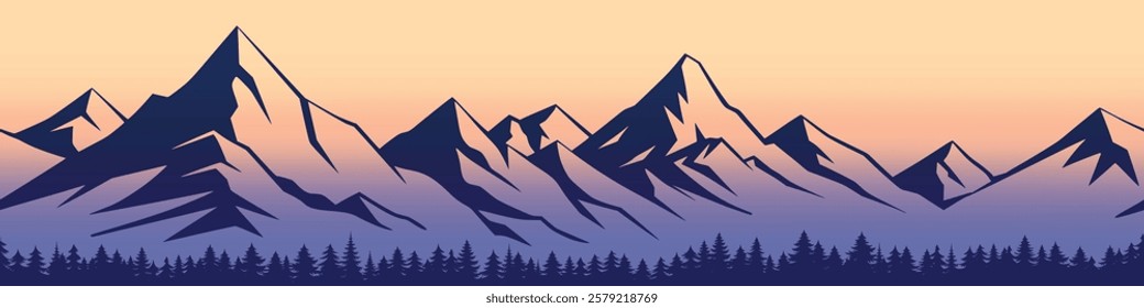 Sunrise in the mountains, panoramic view, seamless border, vector illustration
