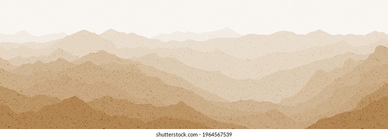 Sunrise in the mountains, panoramic view, vector illustration. Sepia shades, retro effect.
