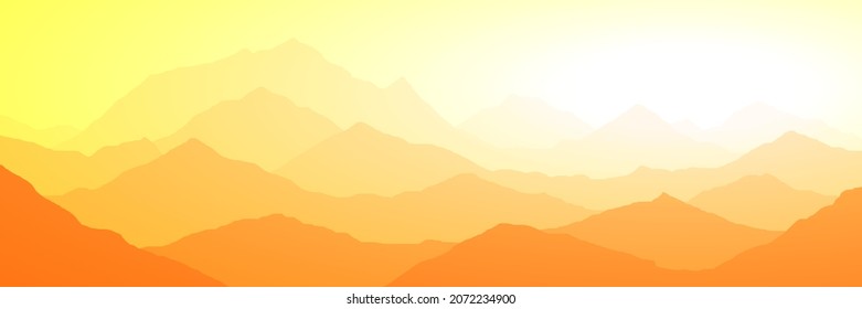 Sunrise in the mountains, panoramic view, vector illustration. Fantasy on the theme of the morning landscape.