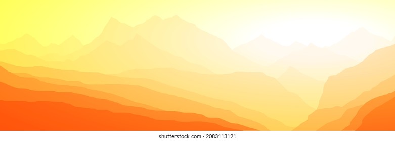 Sunrise in the mountains, panoramic view, vector illustration. Fantasy on the theme of the morning landscape.