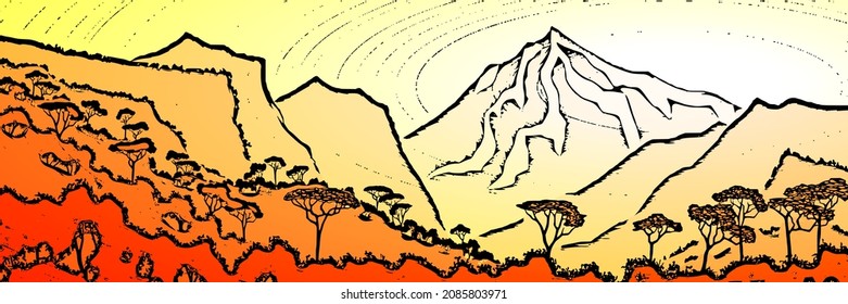 Sunrise in the mountains, panoramic view, vector illustration. Fantasy on the theme of the morning landscape.