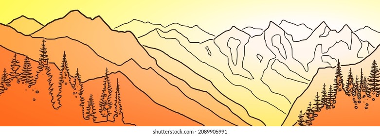 Sonnenaufgang in den Bergen, Panoramablick, Vektorgrafik, Morgenlandschaft