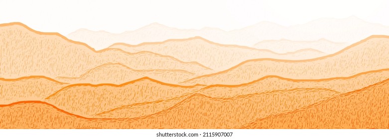 Sunrise in the mountains, panoramic view, vector illustration. Fantasy on the theme of the morning landscape.
