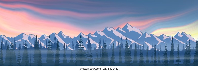 Sunrise in the mountains, panoramic view, vector illustration