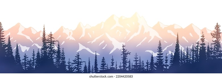 Sunrise in the mountains, panoramic view, vector illustration