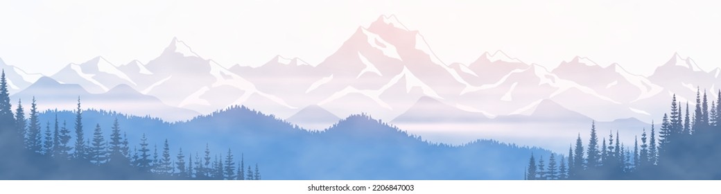 Sunrise in the mountains, panoramic view, vector illustration