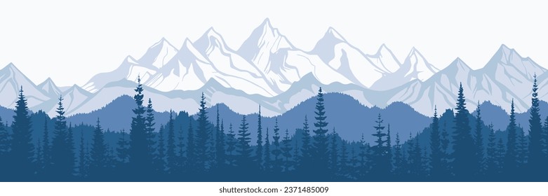 Sunrise in the mountains, panoramic view, vector illustration