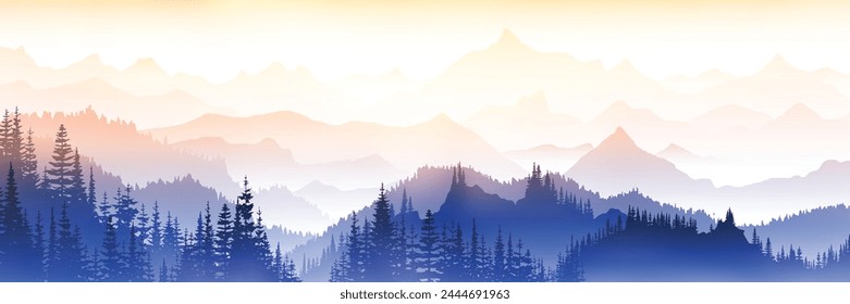 Sunrise in the mountains, panoramic view, vector illustration