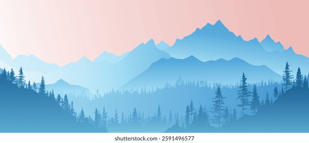 Sunrise in the mountains, panoramic view, vector illustration