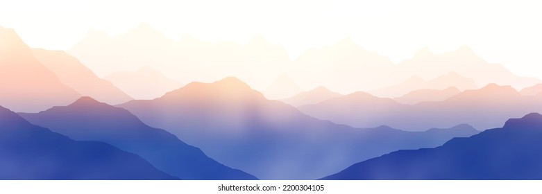 Sunrise in the mountains, ranges in the morning fog, panoramic view, vector illustration