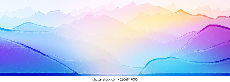 Sunrise in the mountains, ranges in the morning fog, panoramic view, multicolor background