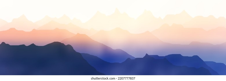 Sunrise in the mountains, ranges in the morning fog, panoramic view, vector illustration