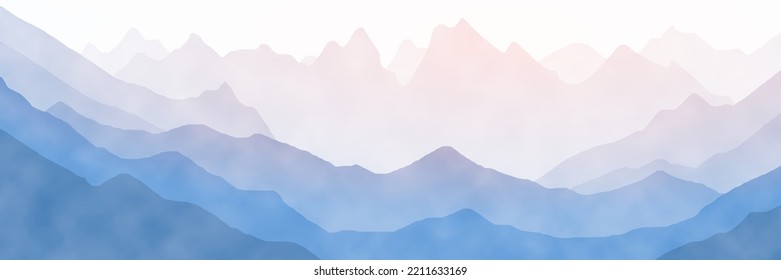 Sunrise in the mountains, ranges in the morning fog, panoramic view, vector illustration