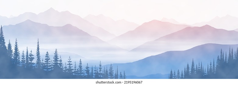 Sunrise in the mountains, ridge in the morning fog, panoramic view