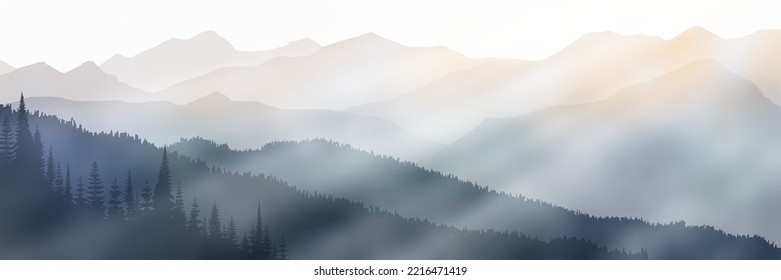 Sunrise in the mountains, ridge in the morning fog, panoramic view