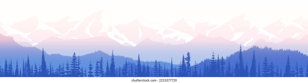 Sunrise in the mountains, ridge in the morning haze, panoramic view