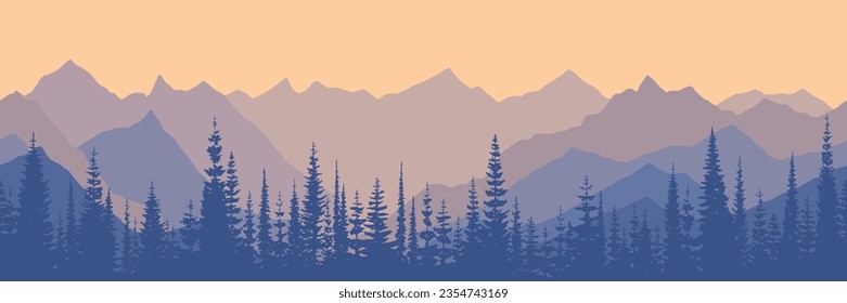 Sunrise in the mountains, seamless border, panoramic view, vector illustration