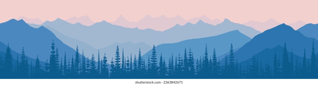 Amanecer en las montañas, frontera sin fisuras, vista panorámica, ilustración vectorial