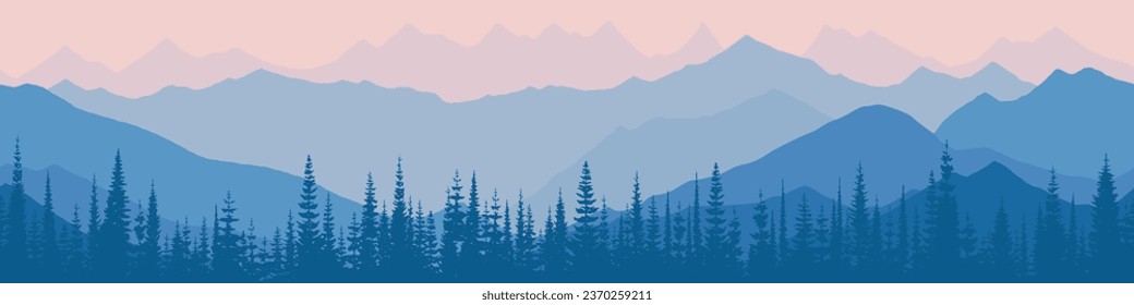 Sunrise in the mountains, seamless border, panoramic view, vector illustration