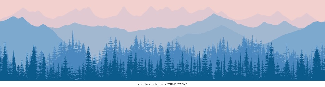 Sunrise in the mountains, seamless border, panoramic view, vector illustration