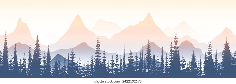 Sunrise in the mountains, seamless border, panoramic view, vector illustration