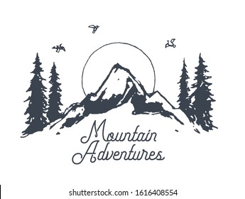 Sunrise in the mountains with spruce forest. Logotype, vintage logo template. Outdoor adventures, nature, traveling. Hand drawn vector illustration