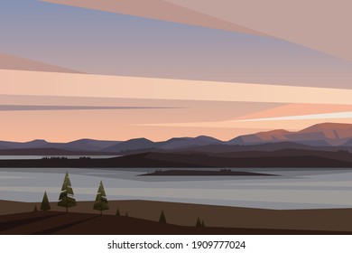 Sunrise in the mountains, vector landscape in flat style. Trees on river shore, silhouette of hills in national park, beautiful northern nature. Mountain lake sunset, evening light landscape panorama