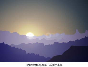The sunrise at mountains view background, vector illustration
