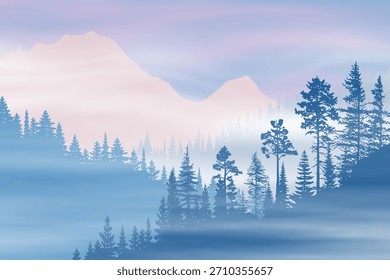 Sunrise in the mountains, wild forest, misty silhouettes of ridges, vector illustration
