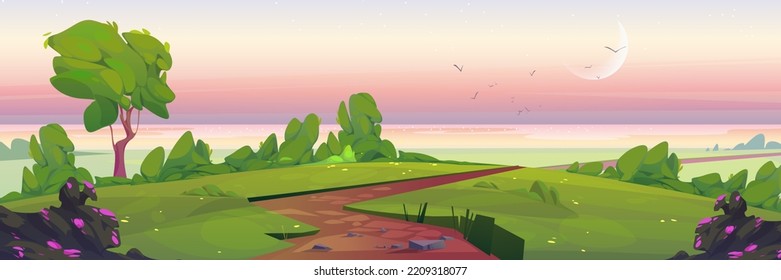 Sunrise nature landscape, summer early morning cartoon background with narrow dirt road going along green field to lake or sea shore. Path under pink sky with crescent, game, scene Vector illustration