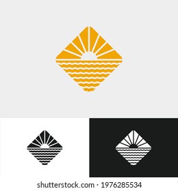 Sunrise in the ocean logo template in a rhombus frame