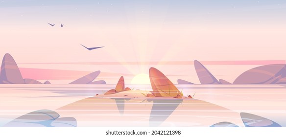 El amanecer en el océano, el cielo rosa con sol brillante suben a la profundidad del mar con rocas pegadas al agua tranquila. Hermosas vistas rocosas, paisaje natural de fondo, temprano por la mañana. Ilustración vectorial de dibujos animados