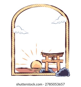 Sunrise Ocean Torii Gate Arched Frame Illustration